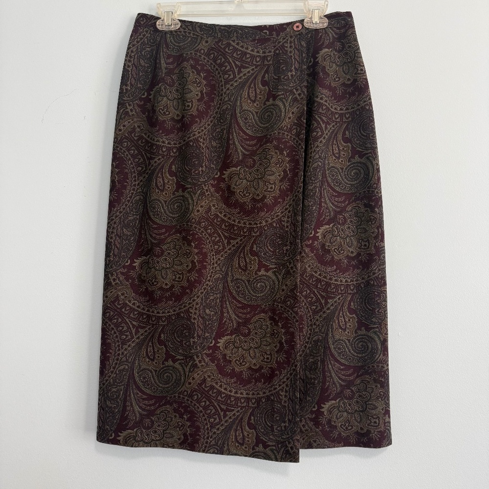 Talbots Floral Paisley Print 100% Wool Wrap Midi Skirt – Size 10